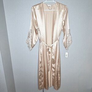 Flora Nikrooz Satin Robe 1X Champagne Lace Trim Bridal Boudoir Lingerie